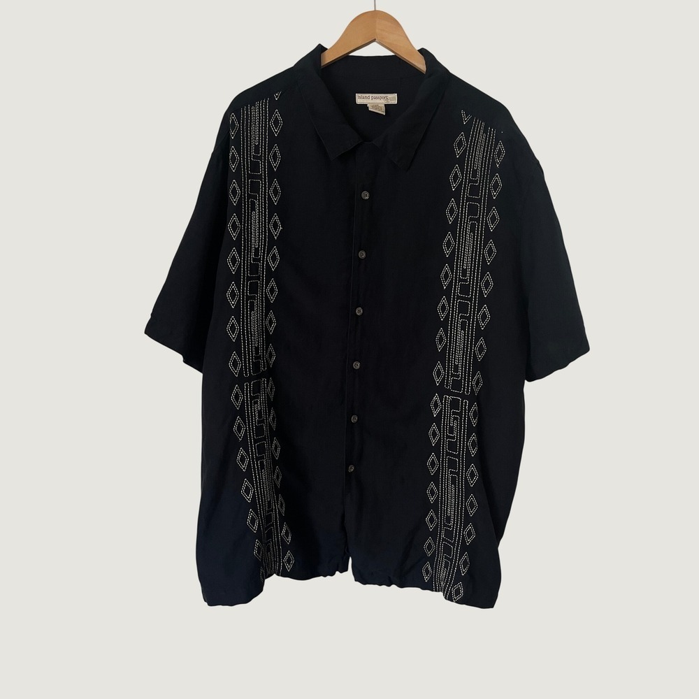 Island Passport Mens 2XL Black Embroidered Linen Rayon Short Sleeve Button Shirt